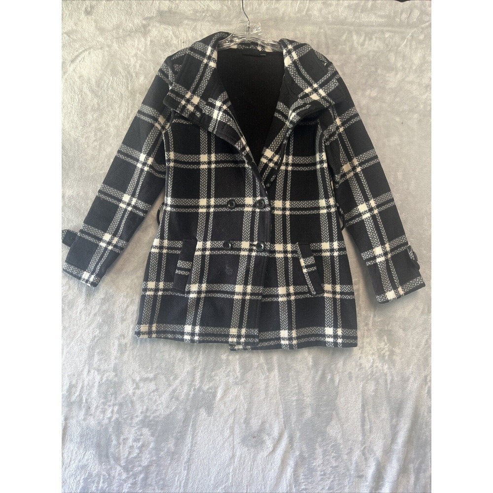 Ike Behar‎ Black And White Plaid Pea Coat Jacket Size M Preppy clueless 90s